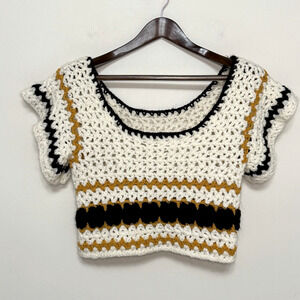 Handmade Crochet Womens Small Cream Mustard Black Short Sleeve Crop Cottagecore